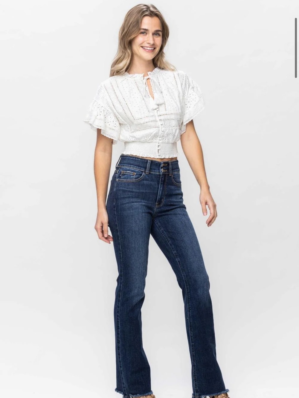 Judy Blue High Waist Double Button Frayed Hem Bootcut Denim Jeans 13/31